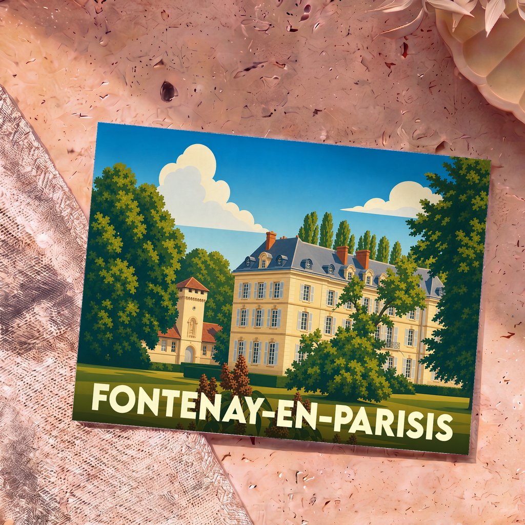 Carte postale souvenir de la ville de Fontenay-en-Parisis avec une illustration stylisée d'un château.