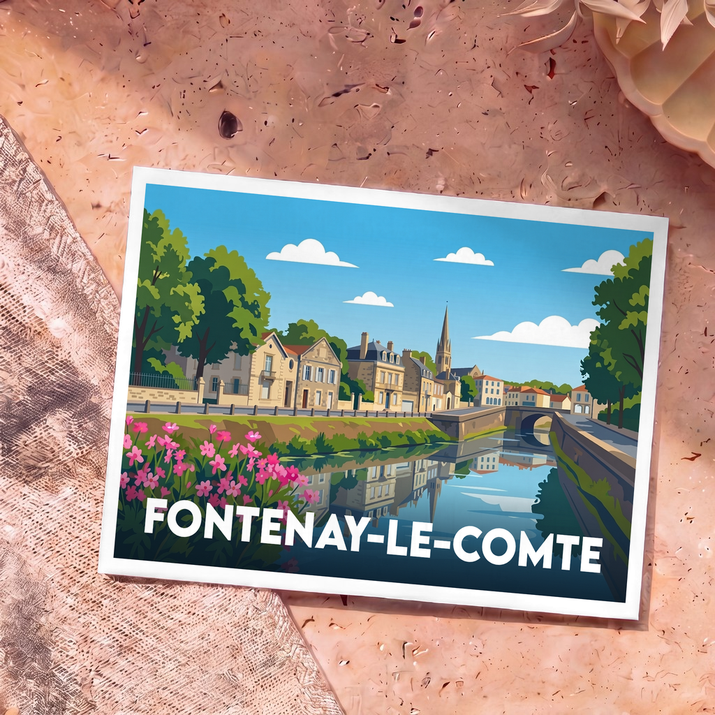 Carte postale souvenir de la ville de Fontenay-le-Comte avec une illustration stylisée des bords de la Vendée.