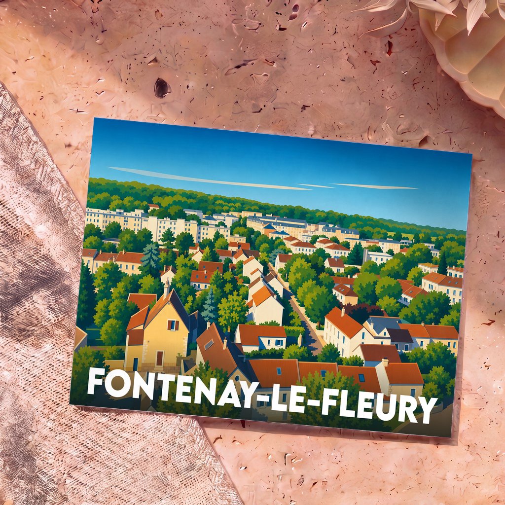 Carte postale souvenir de la ville de Fontenay-le-Fleury avec une illustration stylisée et colorée de ses maisons et sa verdure.
