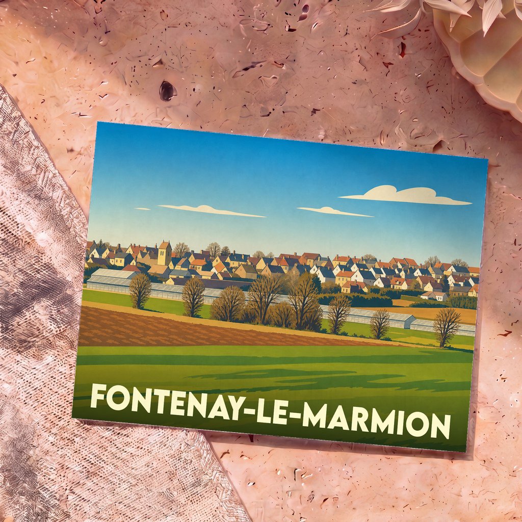Carte postale souvenir de la ville de Fontenay-le-Marmion avec une illustration stylisée montrant un paysage rural et le village.