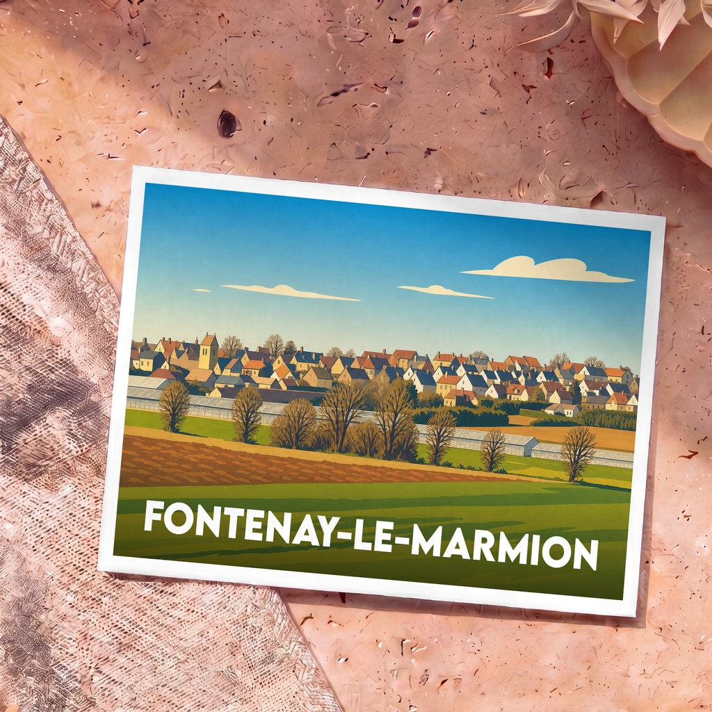 Carte postale souvenir de la ville de Fontenay-le-Marmion avec une illustration stylisée montrant un paysage rural et le village.