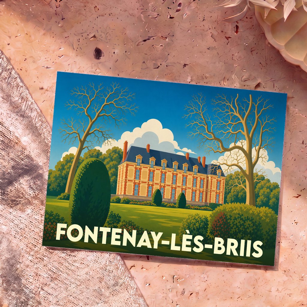 Carte postale souvenir de Fontenay-lès-Briis représentant son château dans un style graphique et coloré.