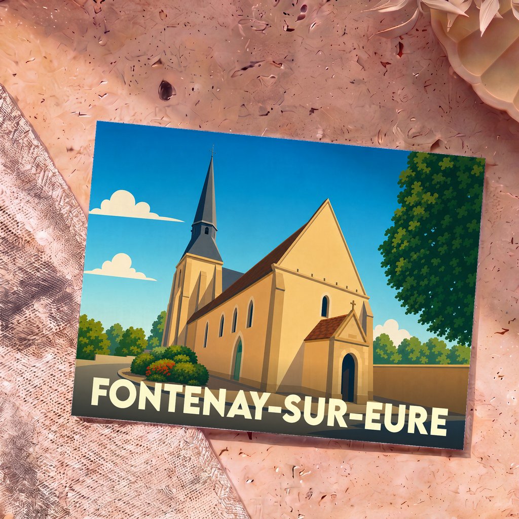 Carte postale souvenir de la ville de Fontenay-sur-Eure avec une illustration stylisée de son église.