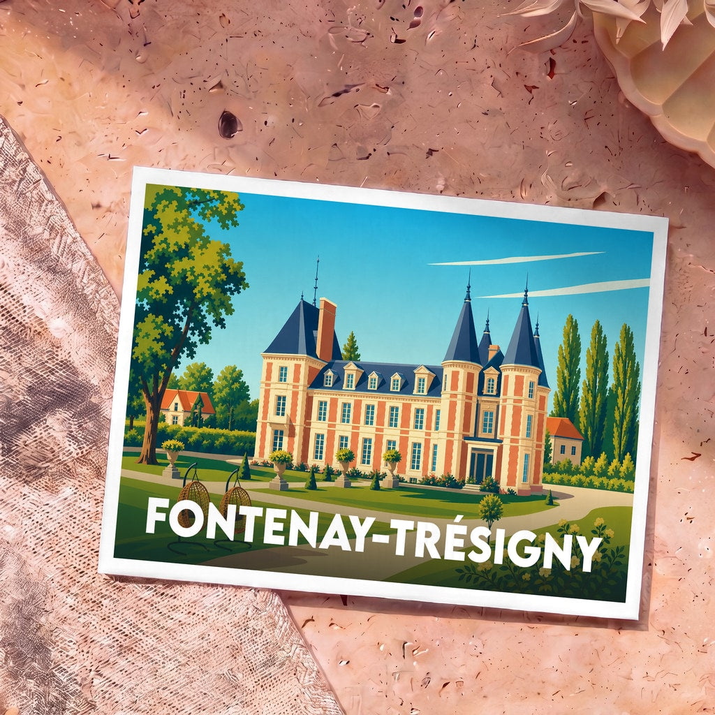 Carte postale souvenir de la ville de Fontenay-Trésigny avec une illustration stylisée de son château.