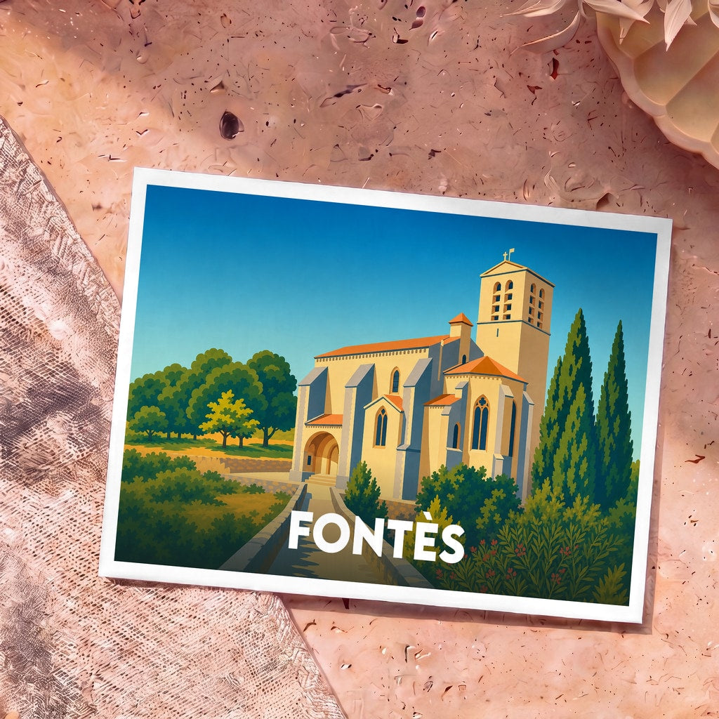 Carte postale souvenir de la ville de Fontès avec une illustration stylisée de son église et de sa végétation.