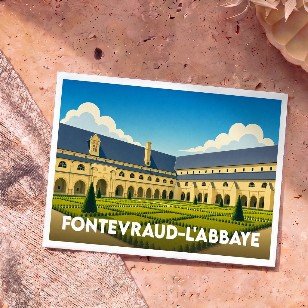 Carte postale souvenir de Fontevraud-l'Abbaye illustrant son abbaye royale dans un style graphique épuré.