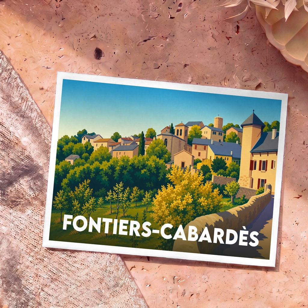 Carte postale souvenir de la ville de Fontiers-Cabardès illustrant un village pittoresque niché dans la verdure.