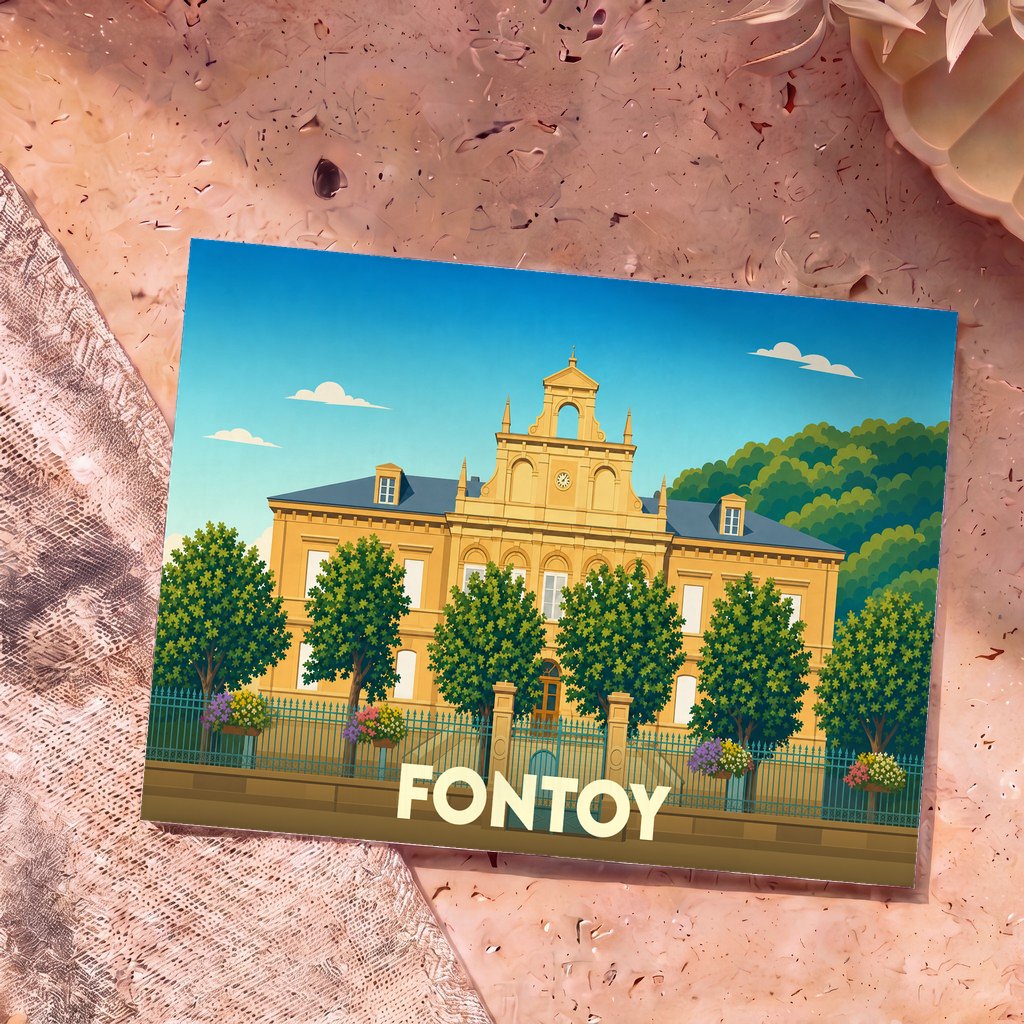 Carte postale souvenir de la ville de Fontoy avec une illustration stylisée de son hôtel de ville.