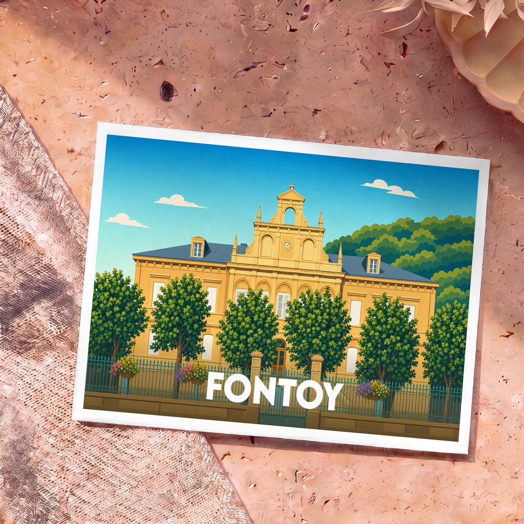 Carte postale souvenir de la ville de Fontoy avec une illustration stylisée de son hôtel de ville.