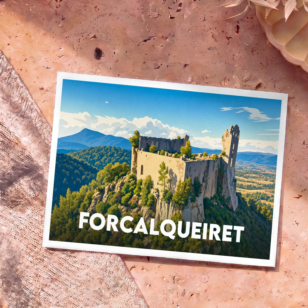 Carte postale souvenir de la ville de Forcalqueiret avec une illustration stylisée de son château en ruines.