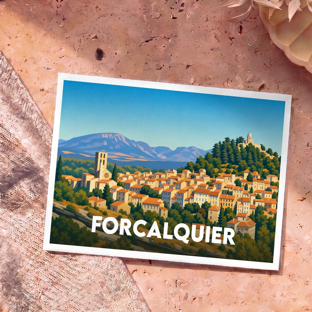 Carte postale souvenir de la ville de Forcalquier avec une illustration stylisée et colorée.