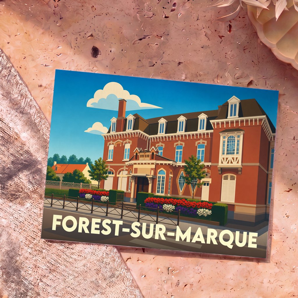 Carte postale souvenir de la ville de Forest-sur-Marque illustrant un grand bâtiment en briques rouges.