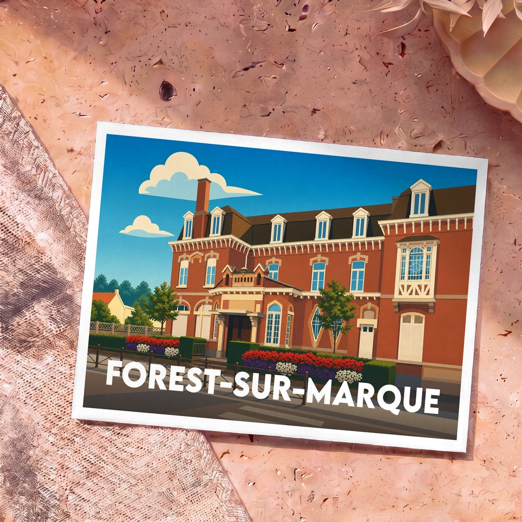 Carte postale souvenir de la ville de Forest-sur-Marque illustrant un grand bâtiment en briques rouges.