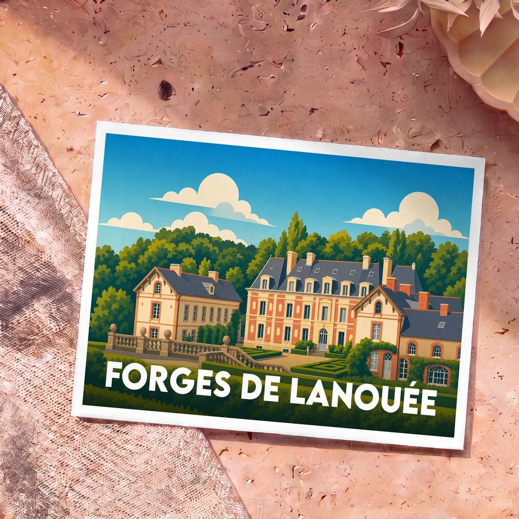 Carte postale souvenir de la ville de Forges de Lanouée avec une illustration stylisée de son patrimoine architectural.