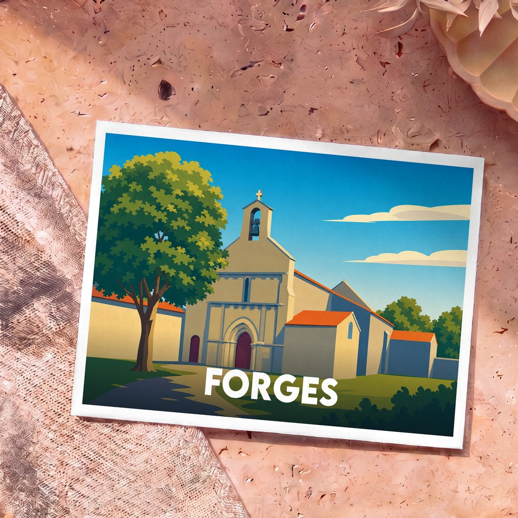 Carte postale souvenir de la ville de Forges avec une illustration stylisée d'une église.