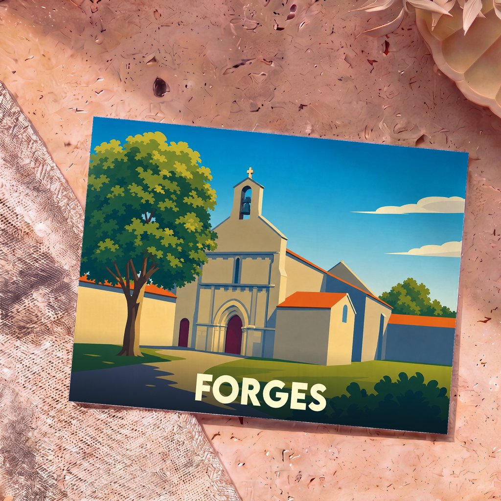 Carte postale souvenir de la ville de Forges avec une illustration stylisée d'une église.