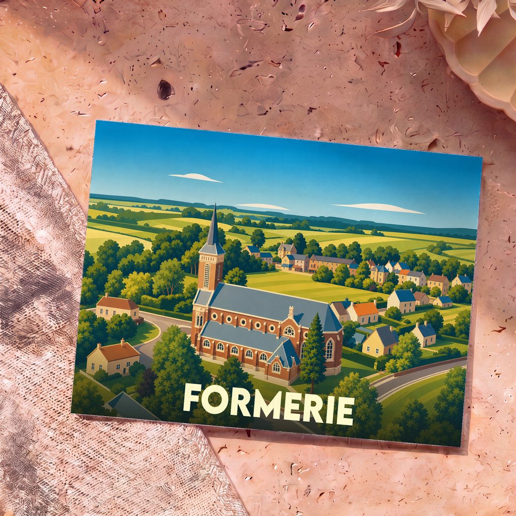Carte postale souvenir de la ville de Formerie avec une illustration stylisée de son église et du paysage environnant.