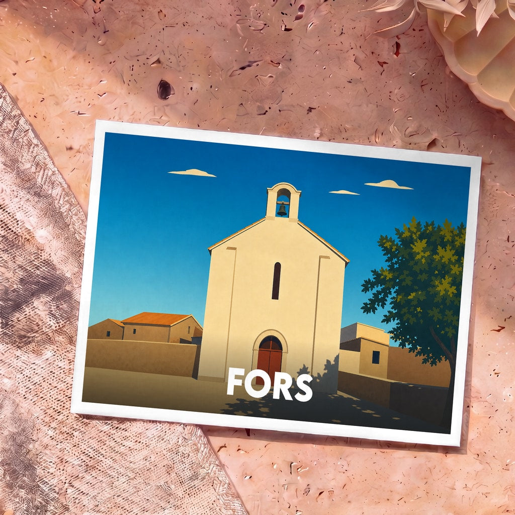 Carte postale souvenir de la ville de Fors avec une illustration stylisée de son église sous un ciel bleu.