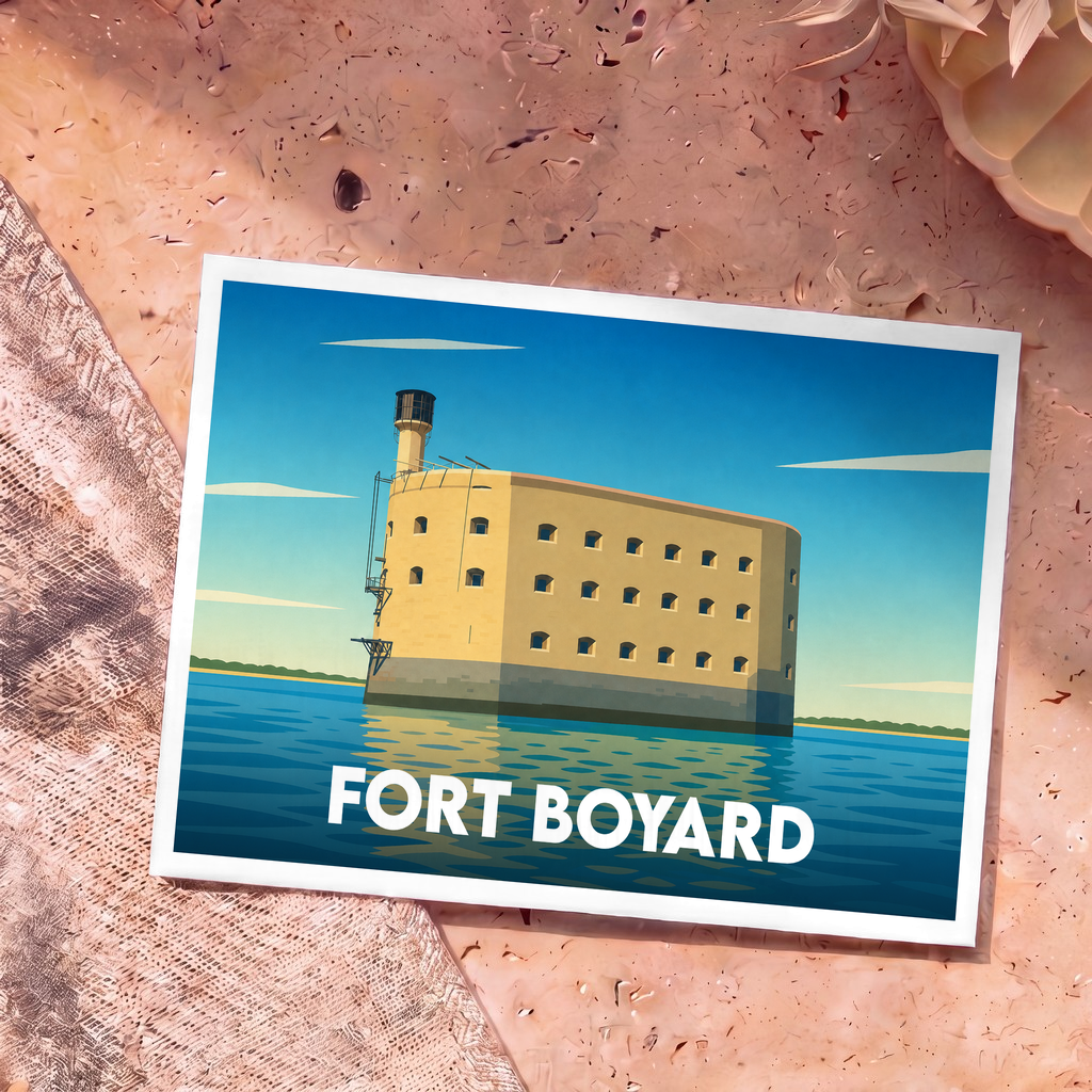 Carte postale souvenir de Fort Boyard présentant une illustration stylisée du célèbre fort marin sous un ciel bleu.