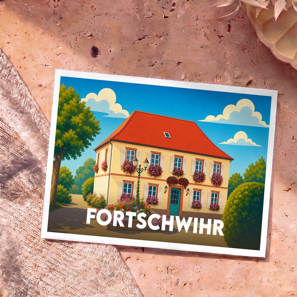 Carte postale souvenir de la ville de Fortschwihr illustrant une maison traditionnelle alsacienne fleurie.
