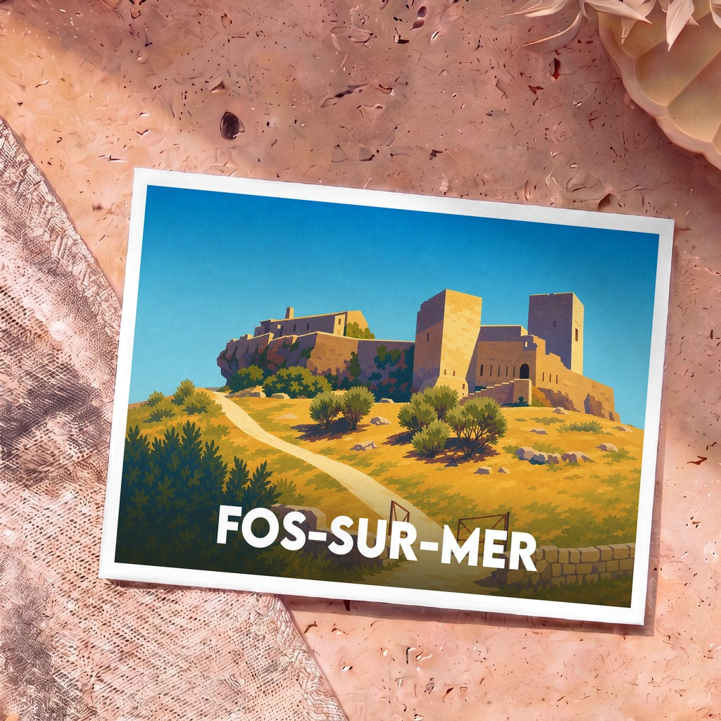 Carte postale souvenir de la ville de Fos-sur-Mer illustrant son château médiéval dans un style graphique et coloré.