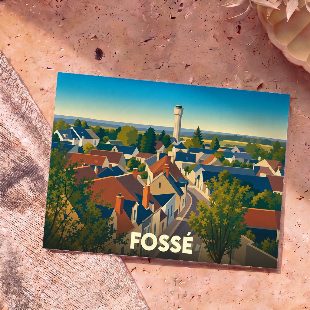 Carte postale souvenir de la ville de Fossé présentant une illustration stylisée et colorée de ses toitures et de son château d'eau.