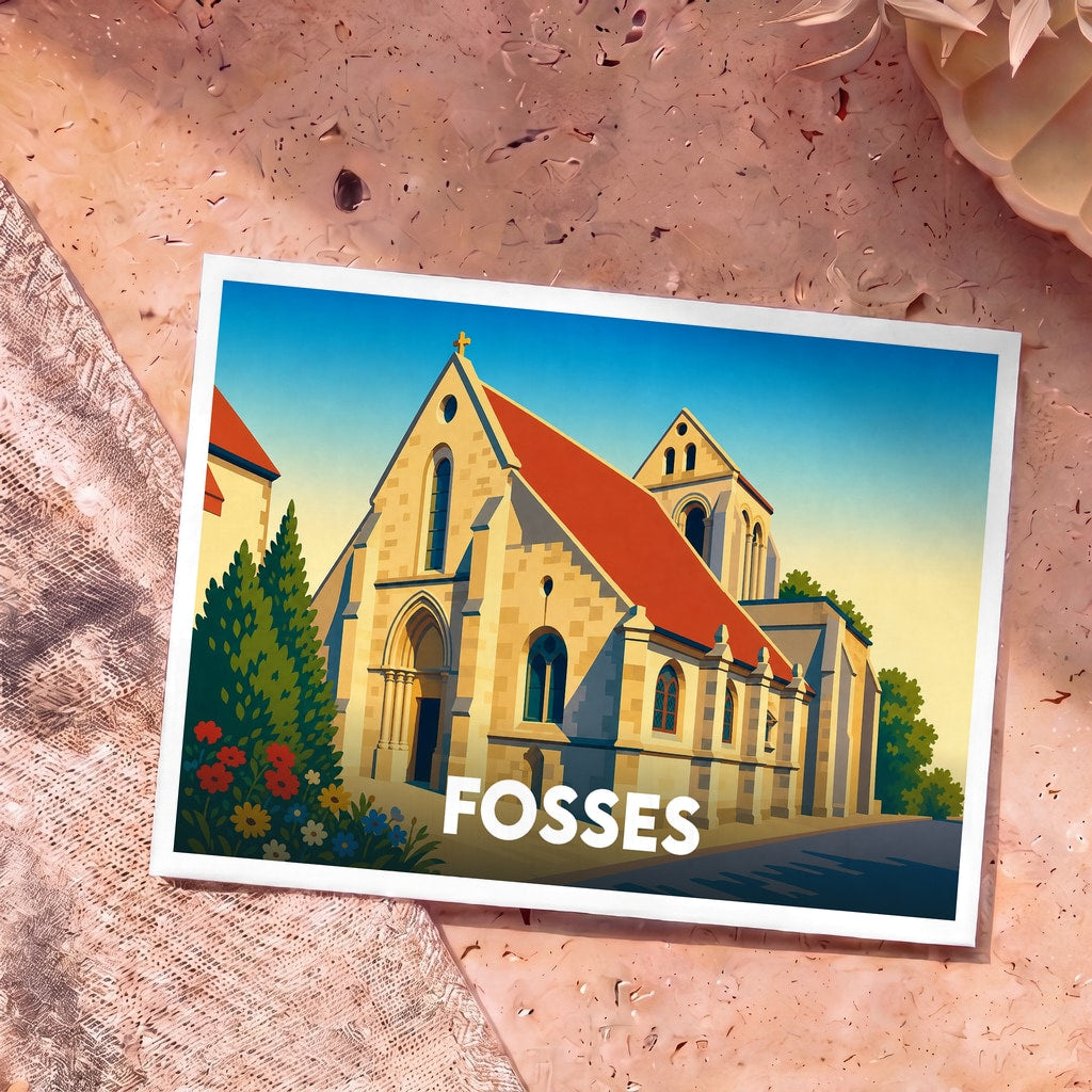 Carte postale souvenir de la ville de Fosses avec une illustration stylisée de son église.