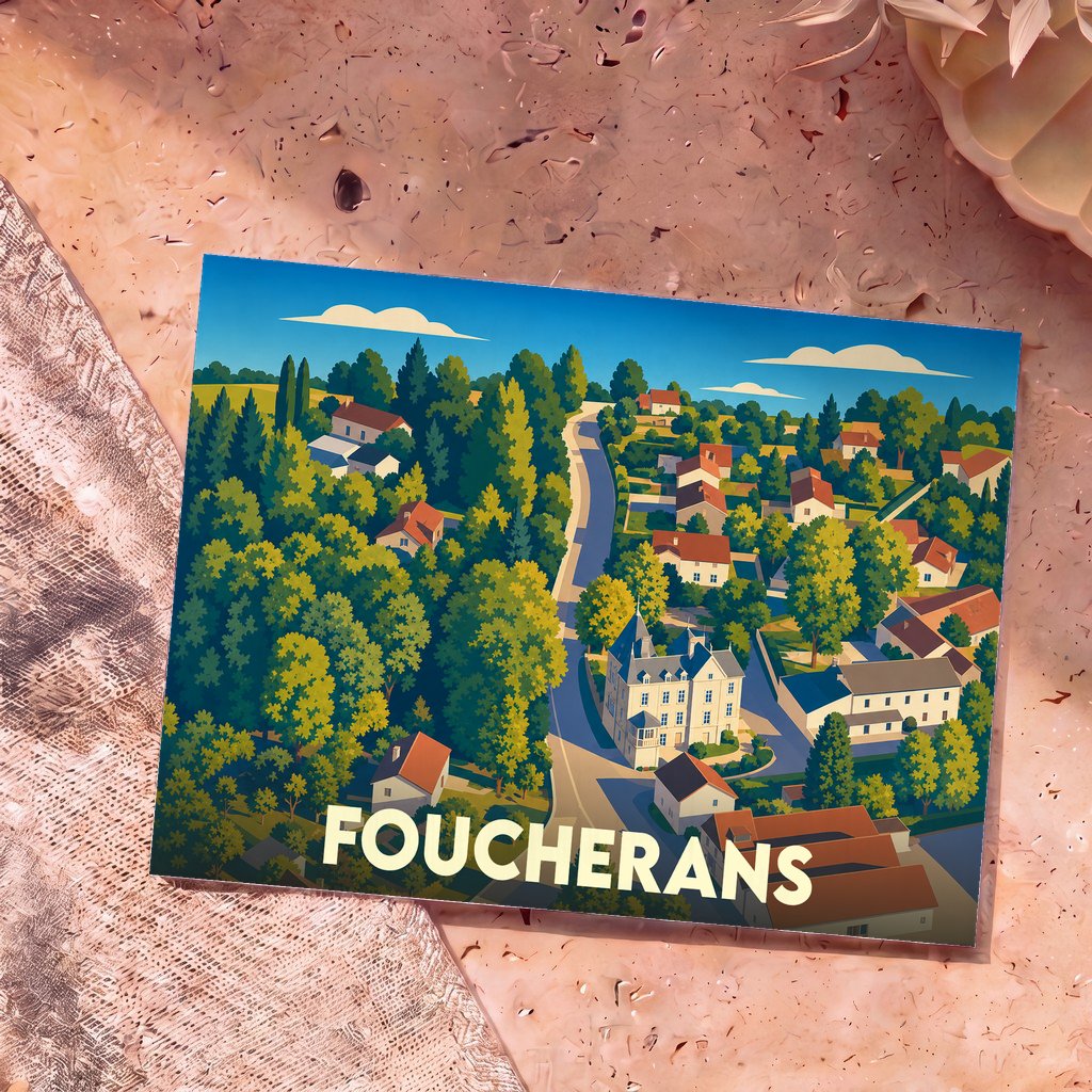 Carte postale souvenir de la ville de Foucherans avec une illustration stylisée et colorée de ses paysages et habitations.