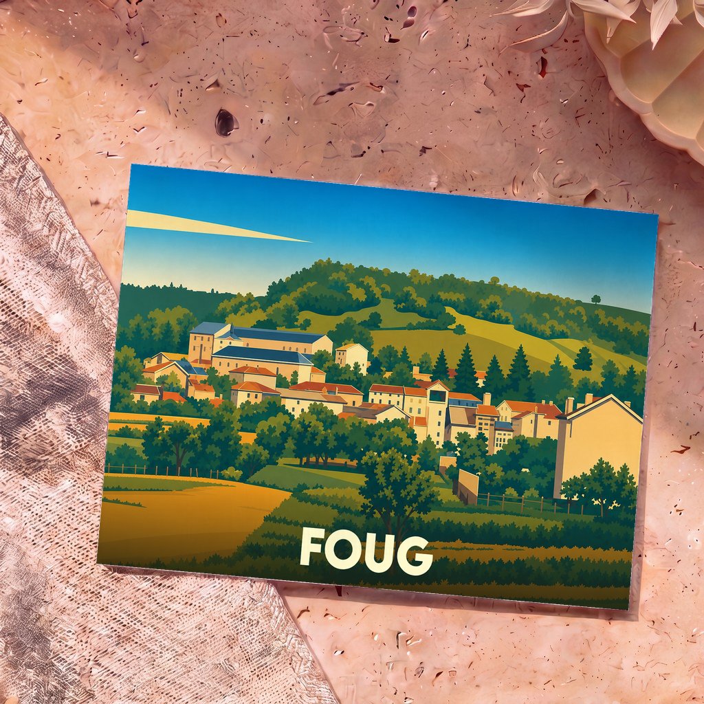 Carte postale souvenir de la ville de Foug avec une illustration stylisée de ses paysages et habitations.