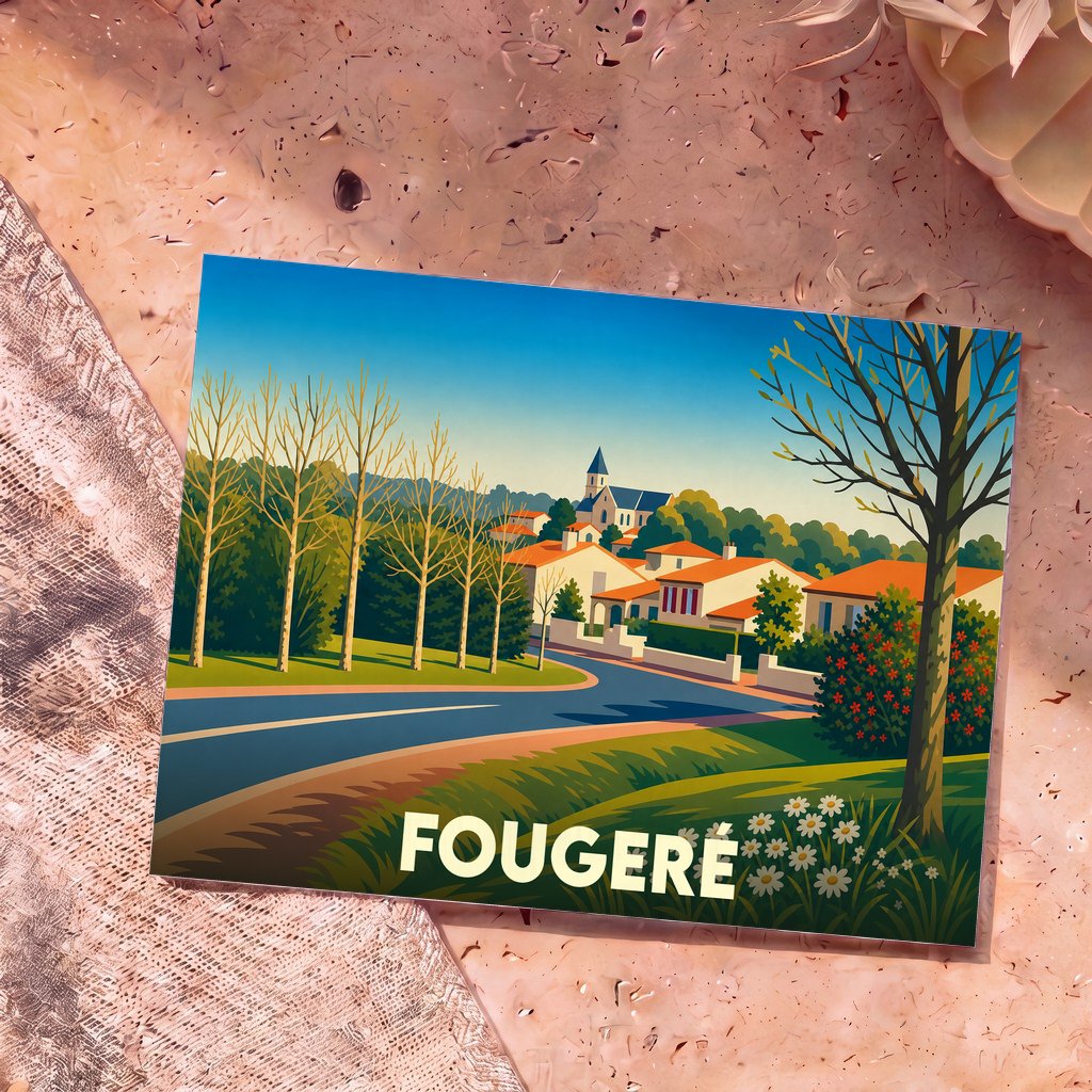 Carte postale souvenir de la ville de Fougeré avec une illustration stylisée et colorée de ses maisons.