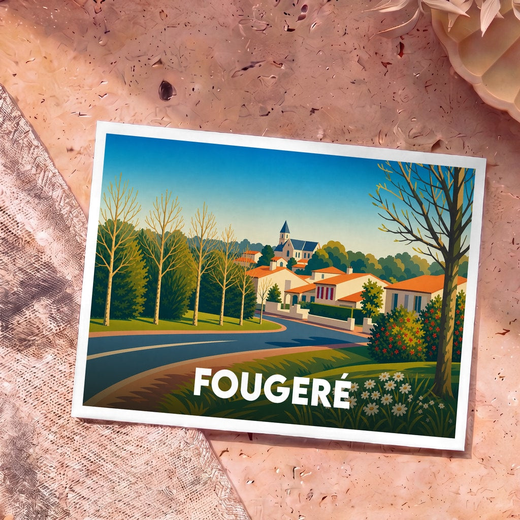 Carte postale souvenir de la ville de Fougeré avec une illustration stylisée et colorée de ses maisons.