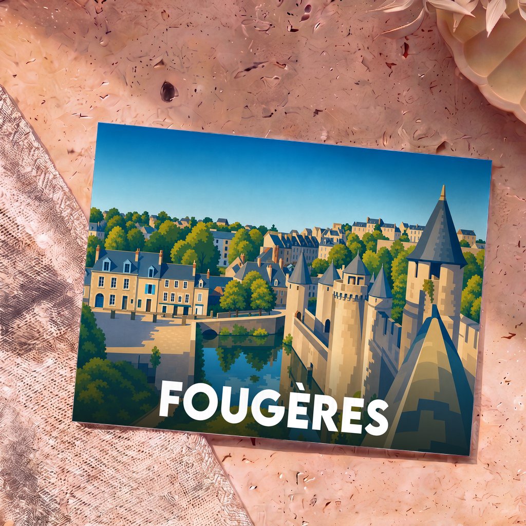 Carte postale souvenir de la ville de Fougères avec une illustration stylisée de son château médiéval au bord de l'eau.