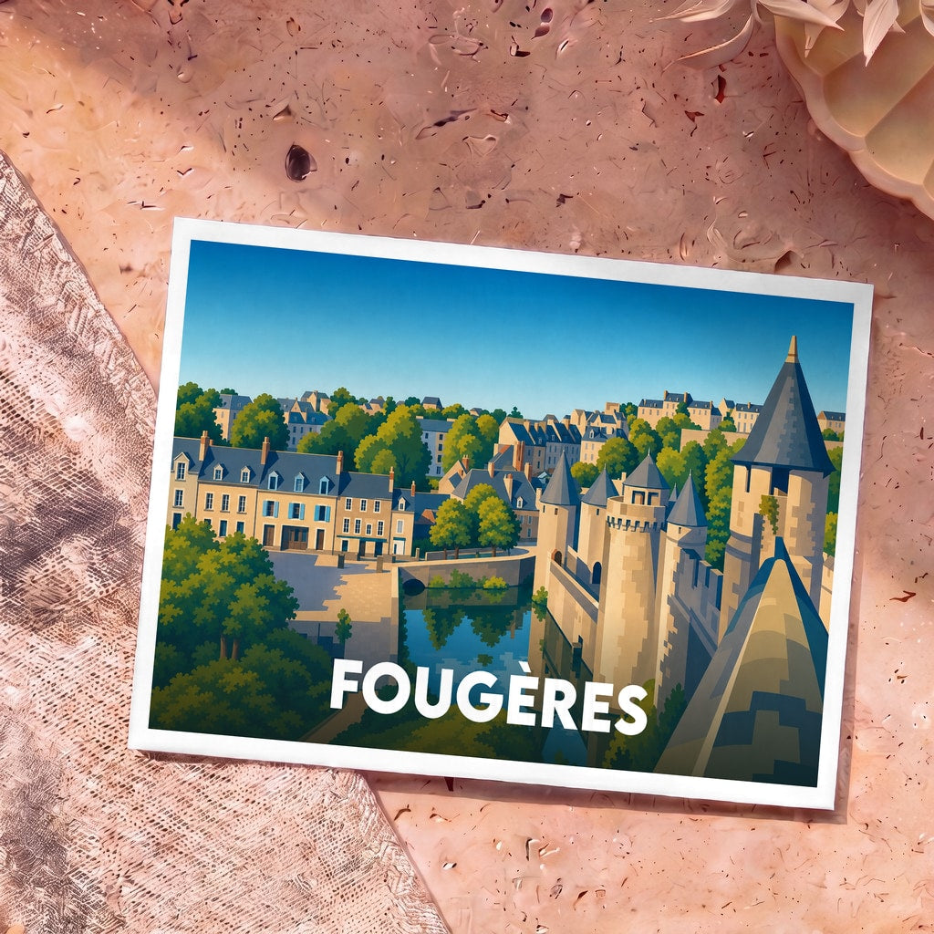 Carte postale souvenir de la ville de Fougères avec une illustration stylisée de son château médiéval au bord de l'eau.