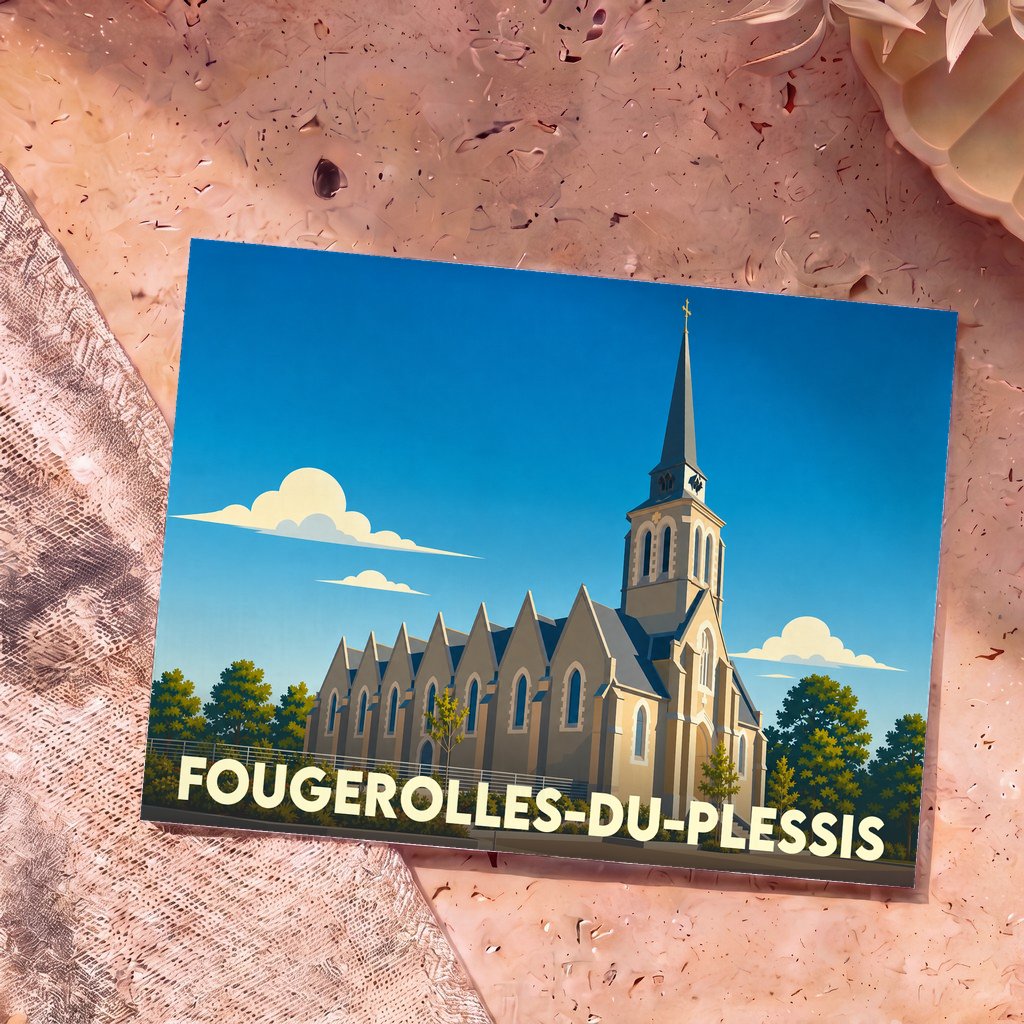 Carte postale souvenir de la ville de Fougerolles-du-Plessis avec une illustration stylisée de son église.