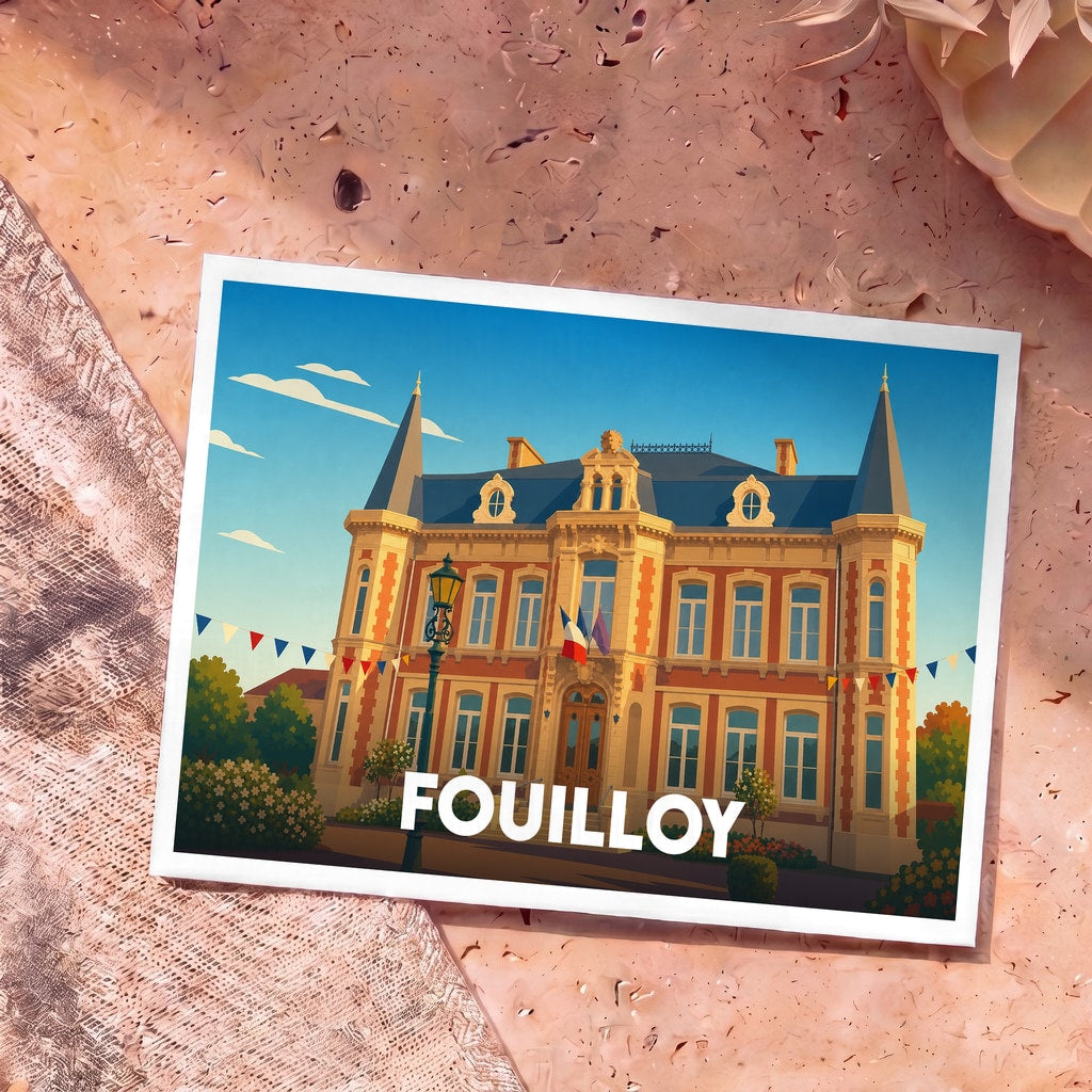 Carte postale souvenir de la ville de Fouilloy représentant son hôtel de ville dans un style illustré.