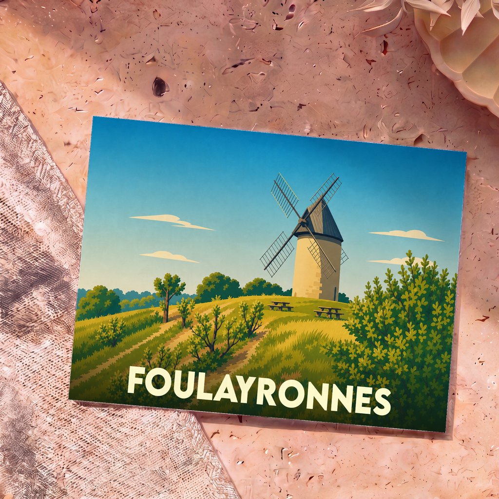 Carte postale souvenir de la ville de Foulayronnes représentant un moulin à vent dans un paysage vallonné et ensoleillé.