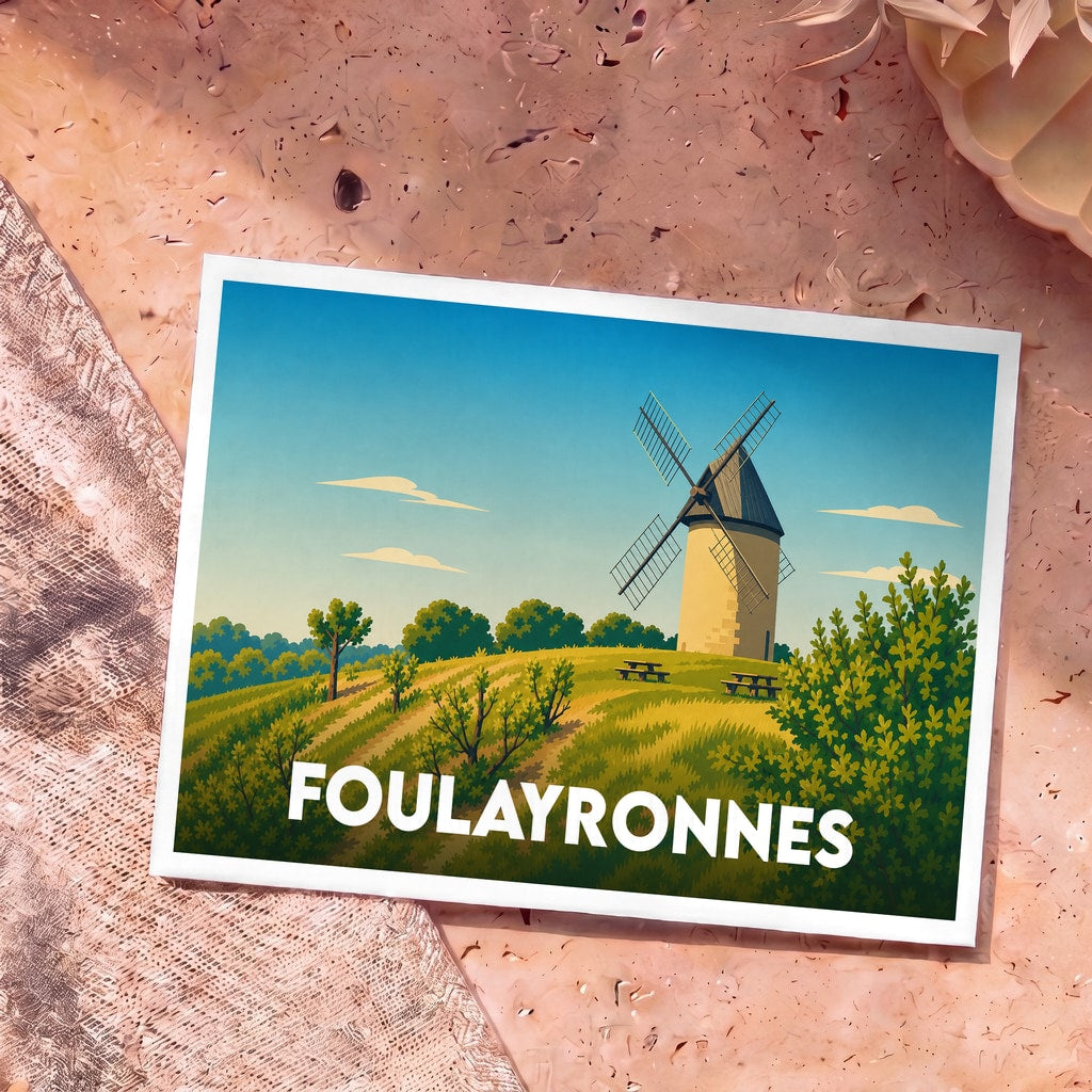 Carte postale souvenir de la ville de Foulayronnes représentant un moulin à vent dans un paysage vallonné et ensoleillé.