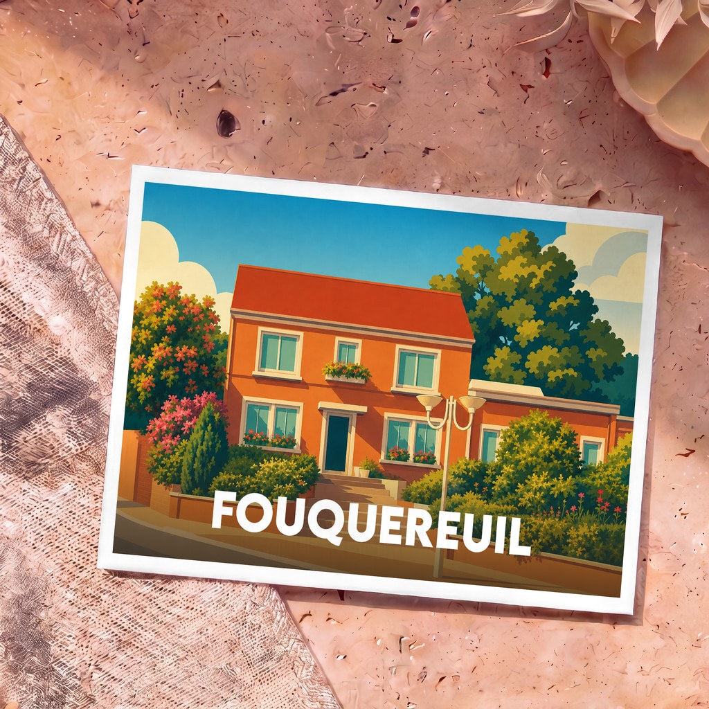Carte postale souvenir de la ville de Fouquereuil illustrant une maison colorée et fleurie dans un style graphique épuré.