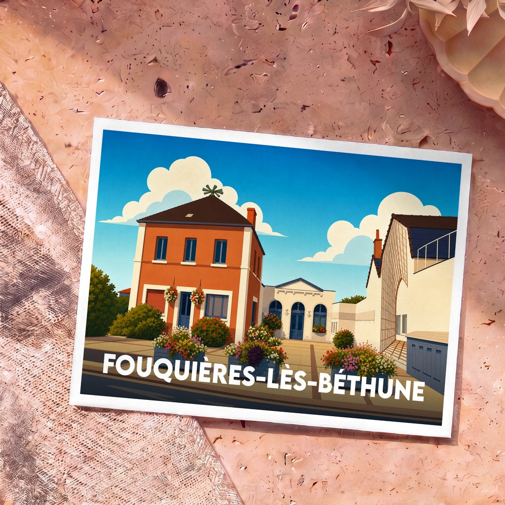 Carte postale souvenir de la ville de Fouquières-lès-Béthune avec une illustration stylisée et fleurie de son architecture.