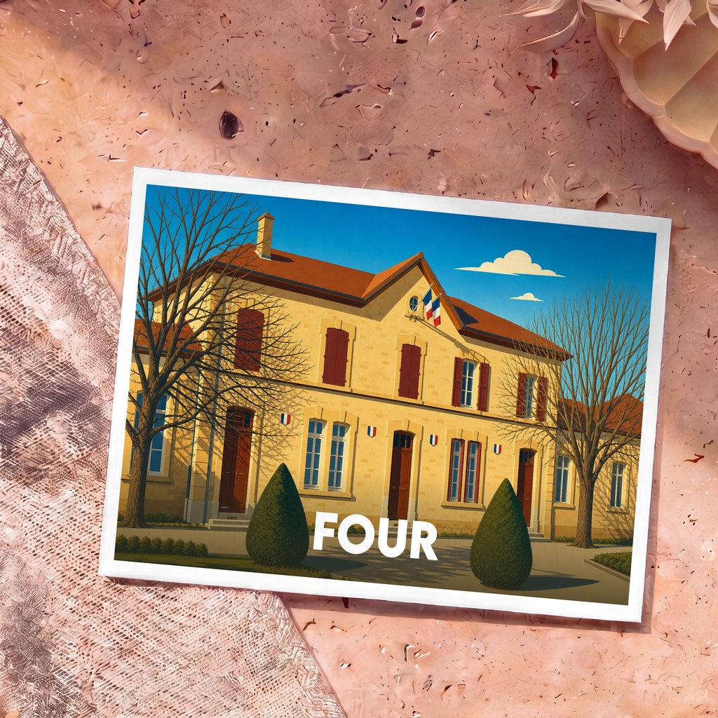 Carte postale souvenir de la ville de Four avec une illustration stylisée d'un bâtiment officiel sous un ciel bleu.