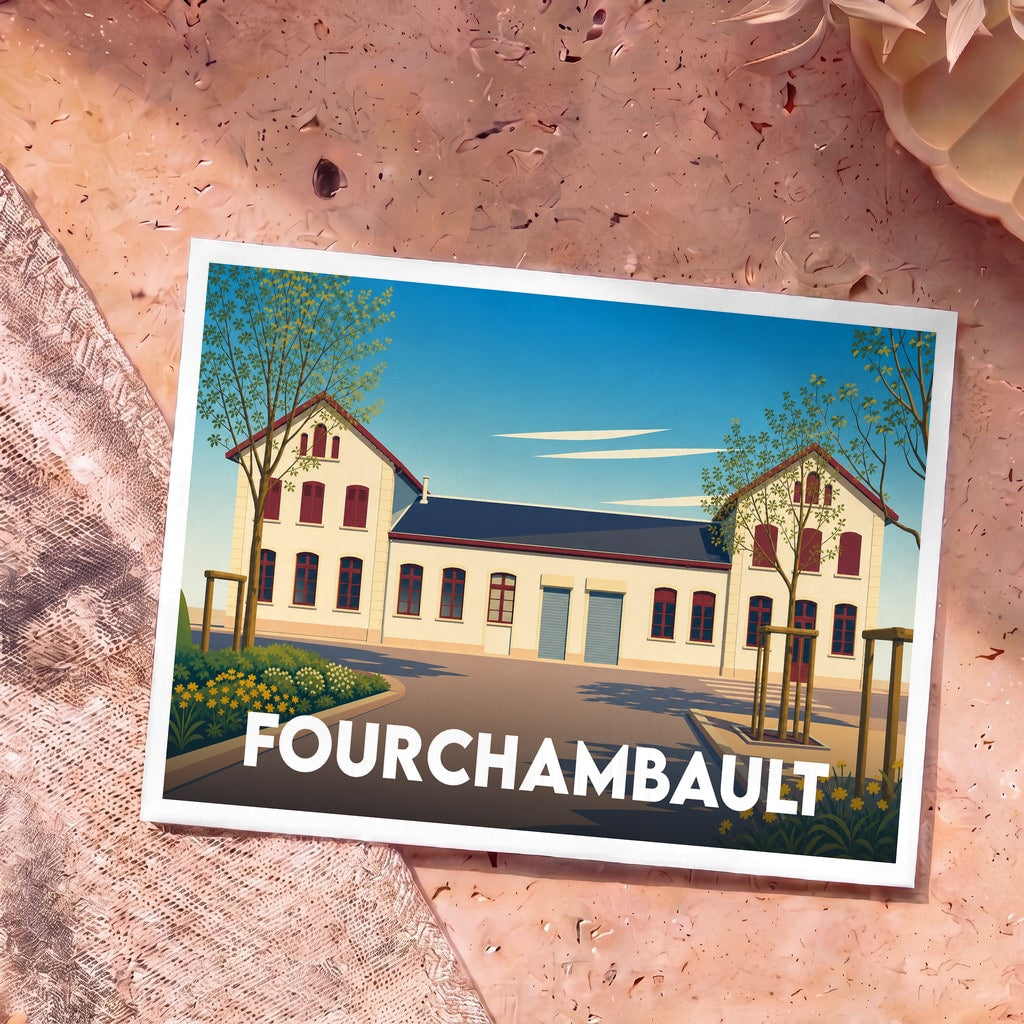 Carte postale souvenir de la ville de Fourchambault avec une illustration stylisée de son architecture.