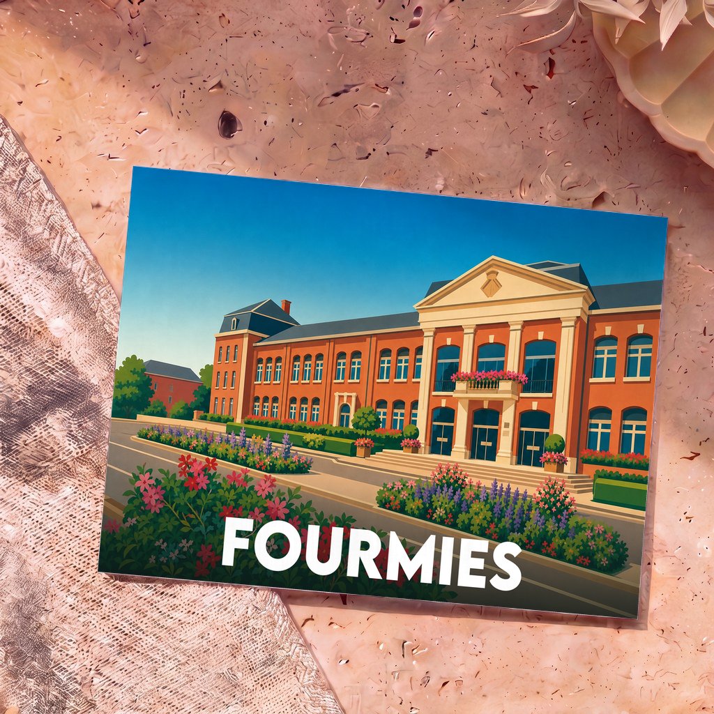 Carte postale souvenir de la ville de Fourmies avec une illustration stylisée de son hôtel de ville fleuri.