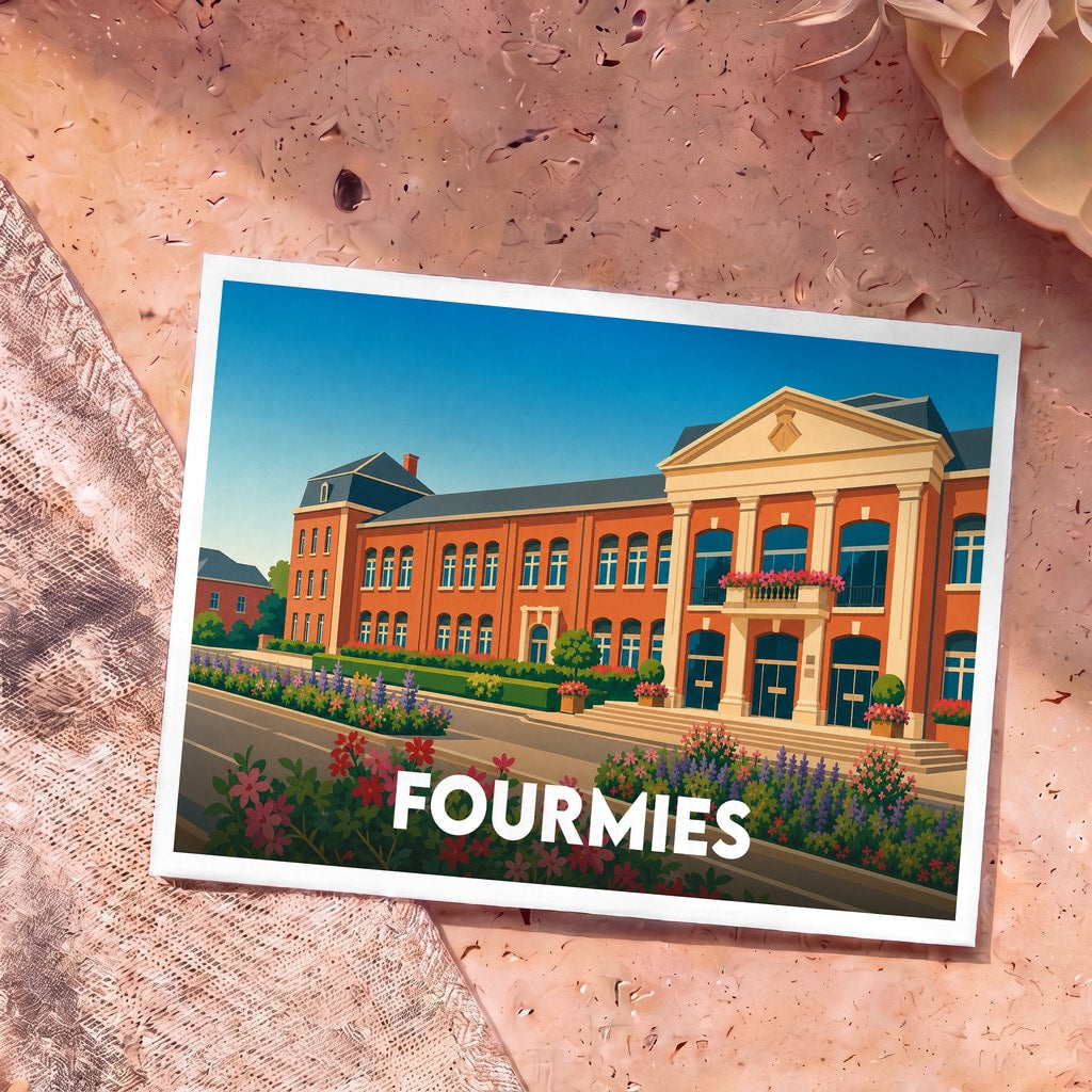 Carte postale souvenir de la ville de Fourmies avec une illustration stylisée de son hôtel de ville fleuri.