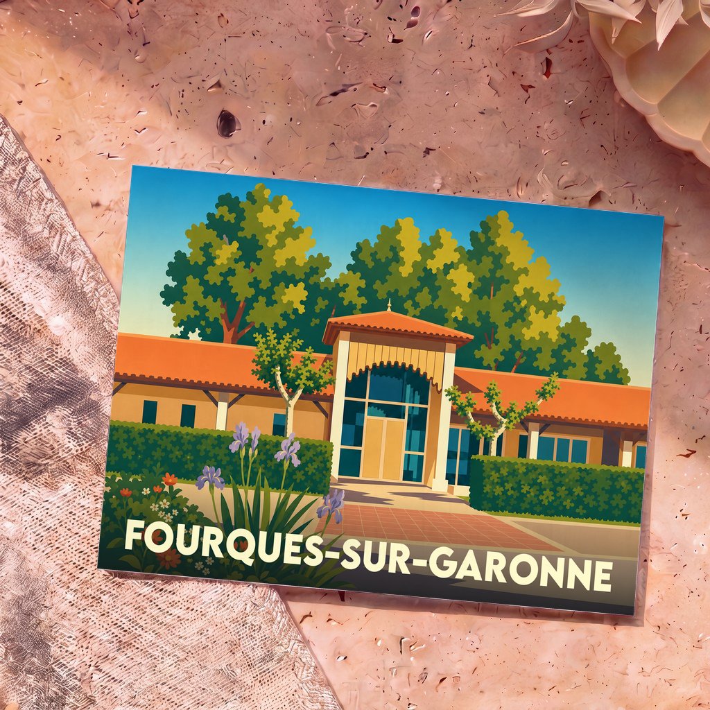 Carte postale souvenir de la ville de Fourques-sur-Garonne avec une illustration stylisée de sa salle des fêtes.