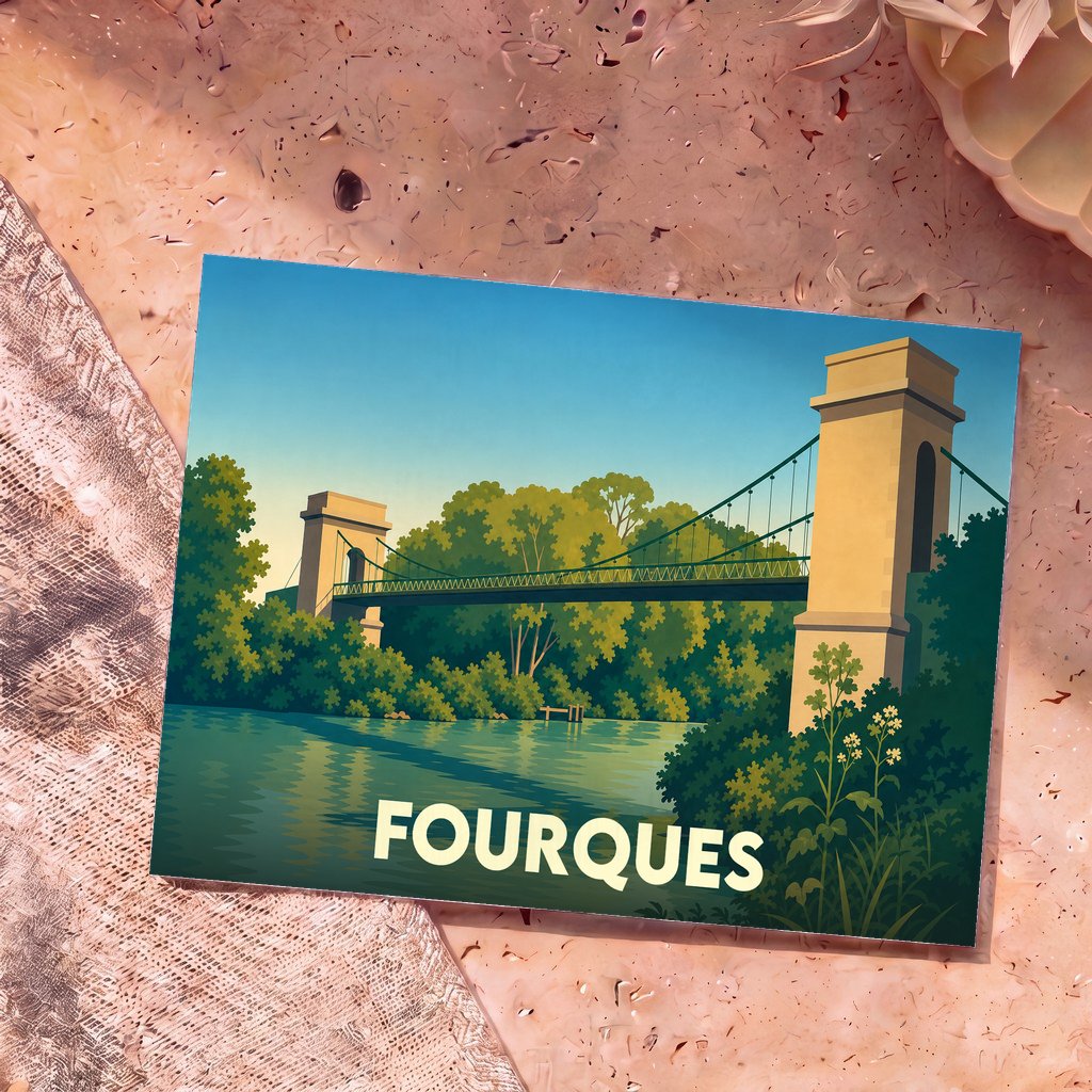 Carte postale souvenir de la ville de Fourques avec une illustration stylisée d'un pont suspendu enjambant une rivière.