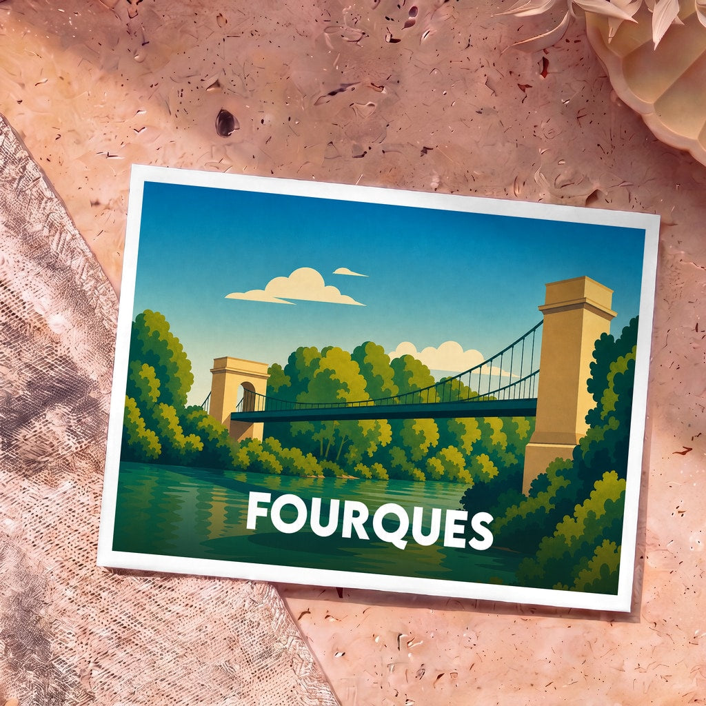 Carte postale souvenir de la ville de Fourques avec une illustration stylisée d'un pont suspendu enjambant une rivière.