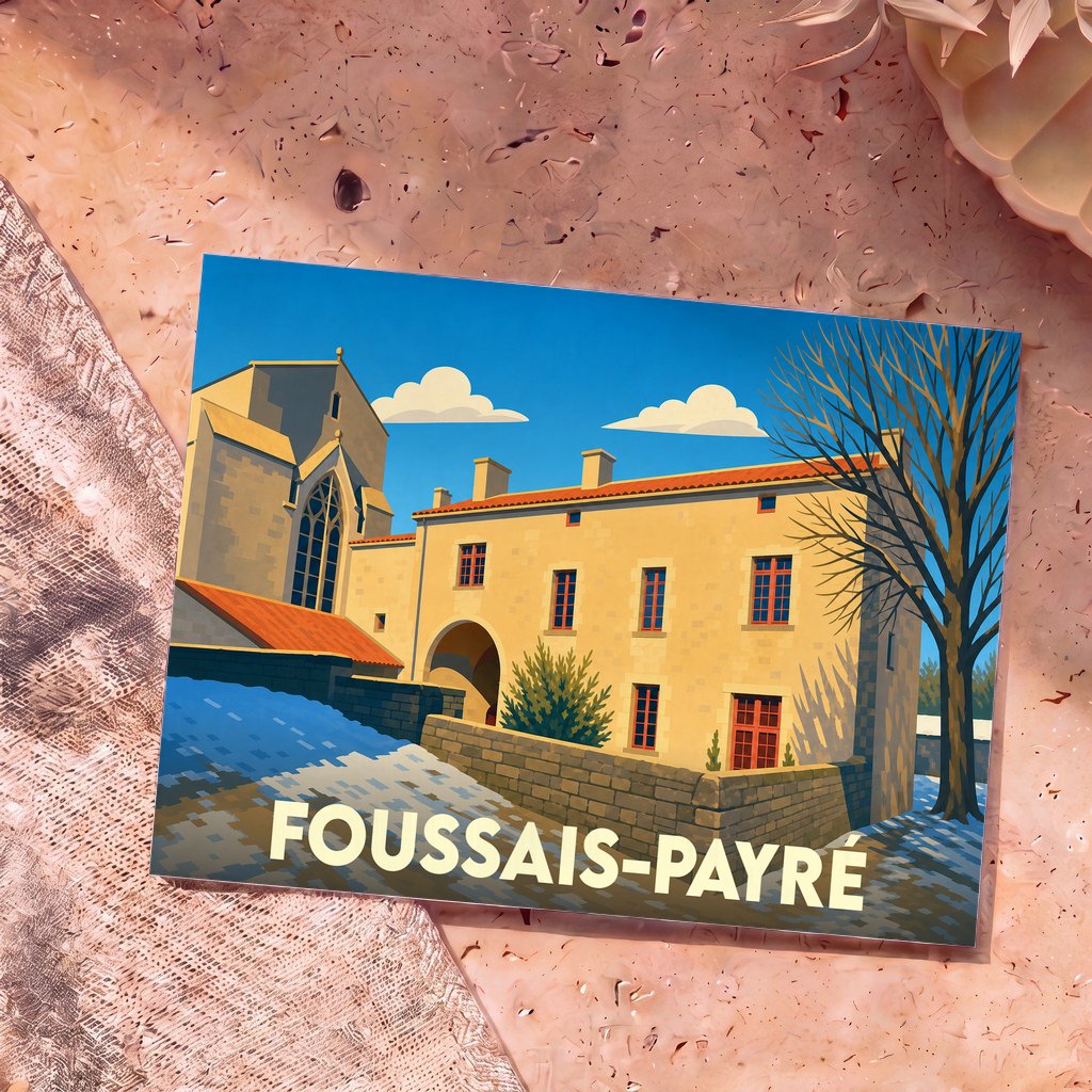 Carte postale souvenir de la ville de Foussais-Payré avec une illustration stylisée de son patrimoine architectural.