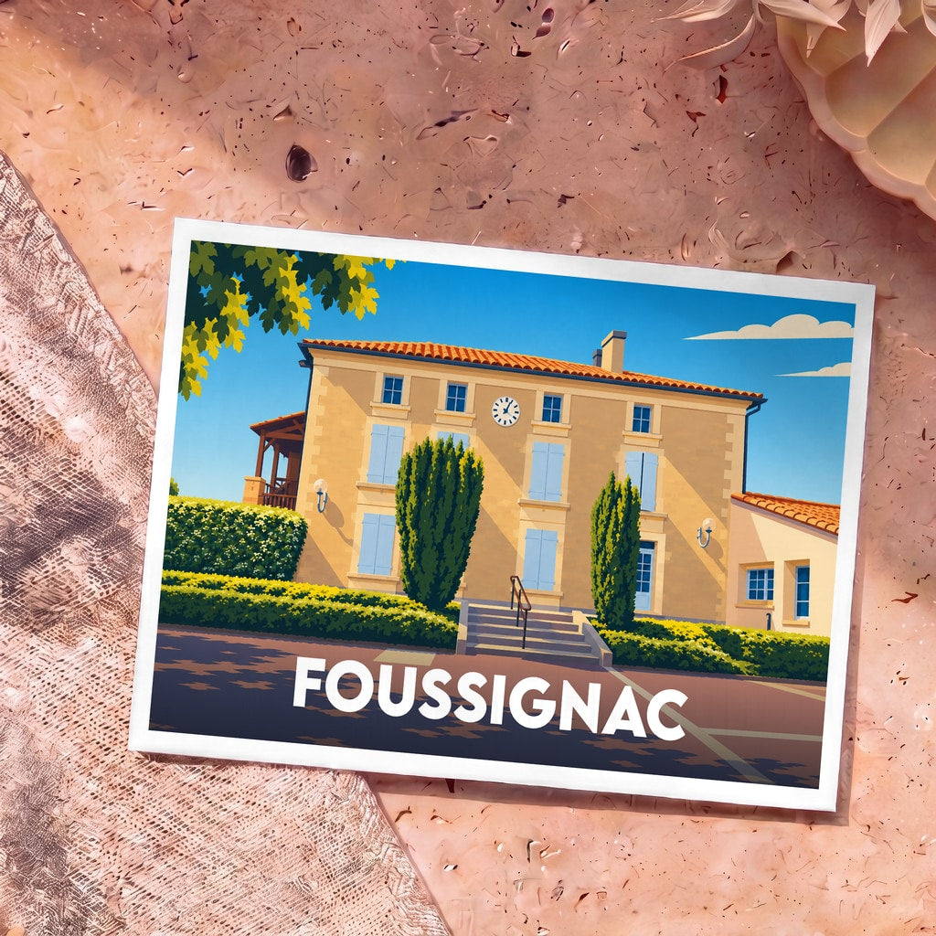 Carte postale souvenir de la ville de Foussignac avec une illustration stylisée de sa mairie.