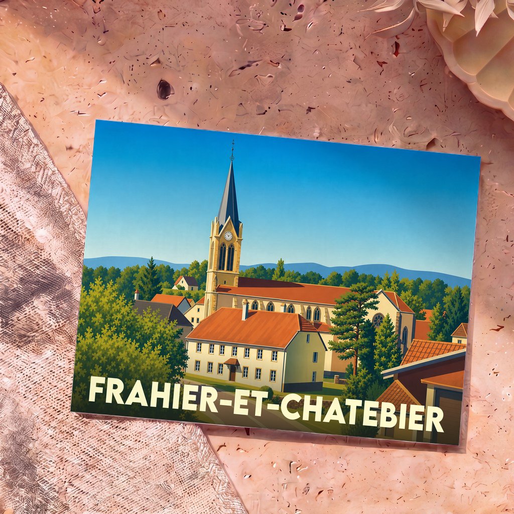 Carte postale souvenir de la commune de Frahier-et-Chatebier illustrée d'un dessin stylisé de son église et de ses maisons.