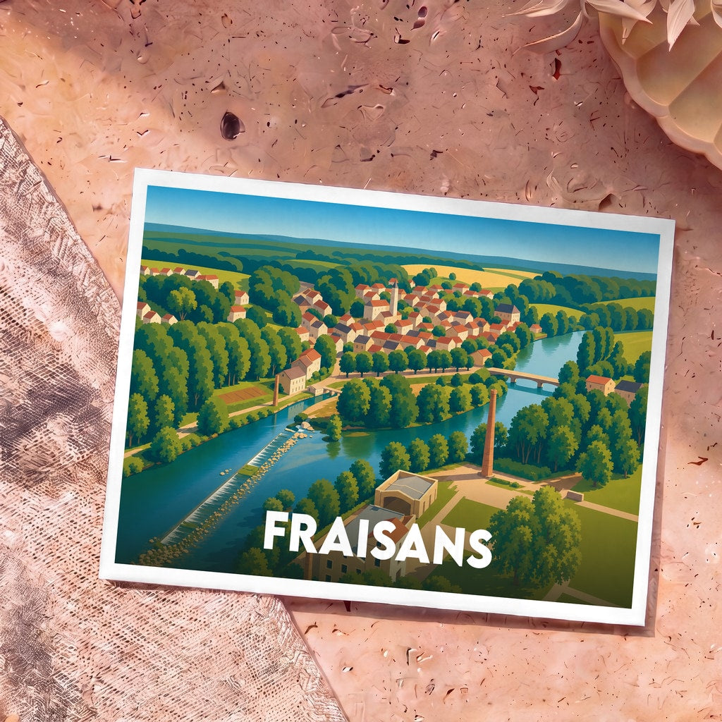 Carte postale souvenir de la ville de Fraisans avec une illustration stylisée.